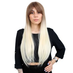 Fiber Sentetik Uzun Düz Kahküllü Peruk - Kumral - Platin Ombreli