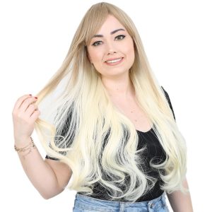 Kahküllü Uzun Dalgalı Fiber Sentetik Peruk - Küllü Balköpüğü - Platin Ombreli