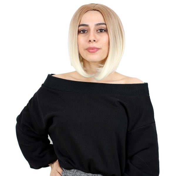 Kahkülsüz Düz Kısa Fiber Sentetik Peruk - Balköpüğü - Platin Ombreli