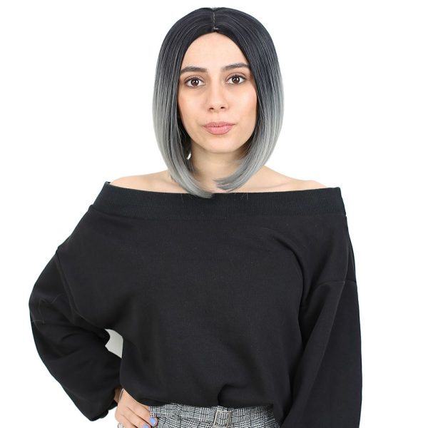 Kahkülsüz Düz Kısa Fiber Sentetik Peruk - Siyah - Gri Ombreli