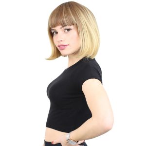 Kısa Küt Perçemli Fiber Sentetik Peruk - Kumral / Sarı Ombreli