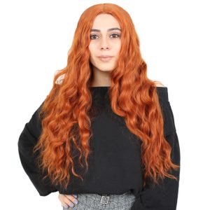 Su Dalgası Uzun Perçemsiz Fiber Sentetik Peruk - Bakır